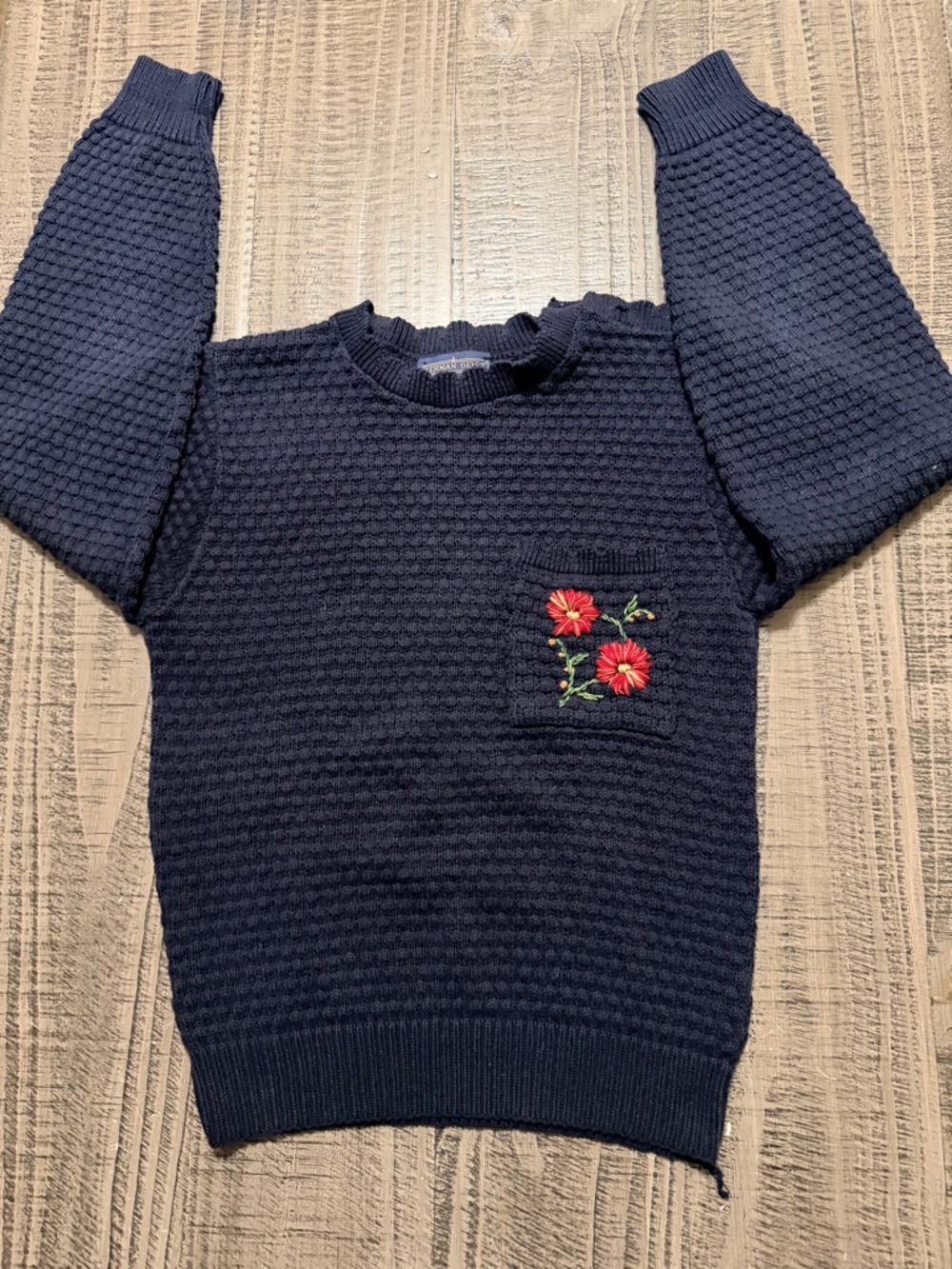 Crewneck Navy Textured Knit Sweater with Floral Pocket